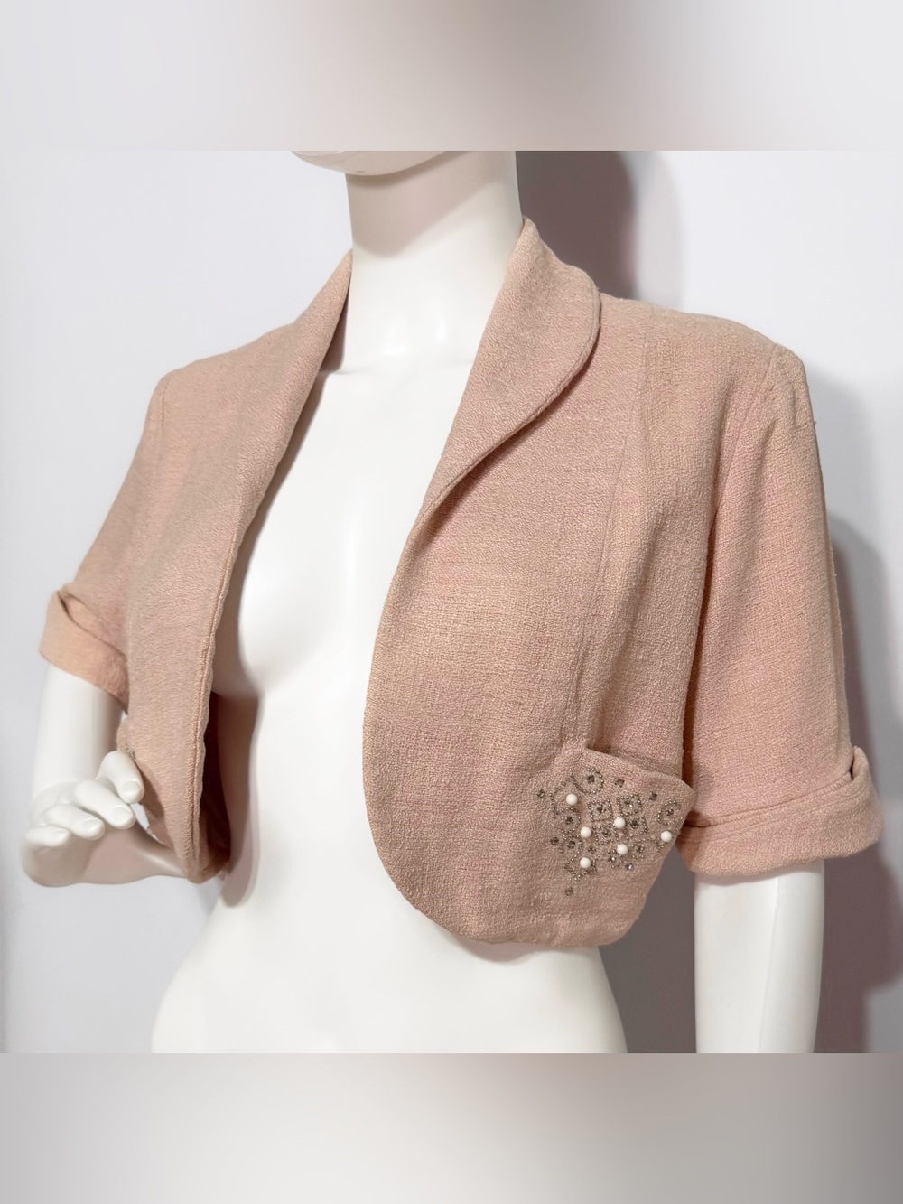 Vintage Rare Rétro Blush Pink Cropped Bolero Jacket with Embellished Pocket| S-M
